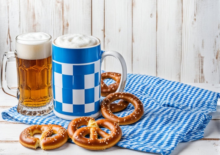 Foto menu de comida do oktoberfest pretzels bávaros com caneca de garrafa de cerveja em um fundo de madeira rústico antigo
