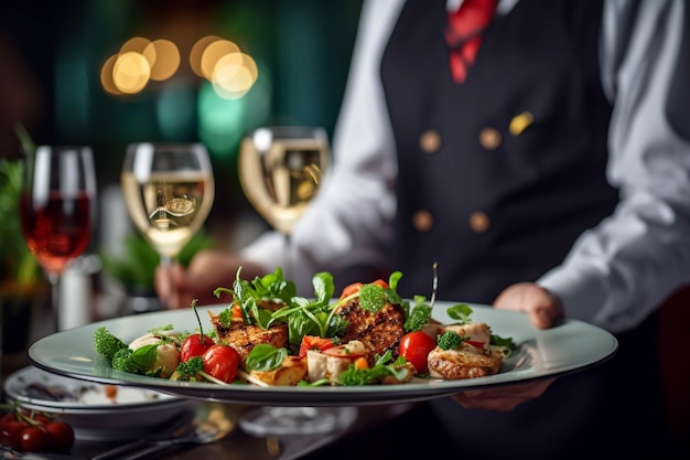 Menu de restaurante Chefs mãos segurando prato com salada e vinho