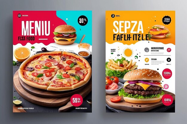 Foto menu de restaurante de fast food marketing de mídia social modelo de banner da web design de hambúrguer de pizza e negócio de promoção on-line de alimentos saudáveis