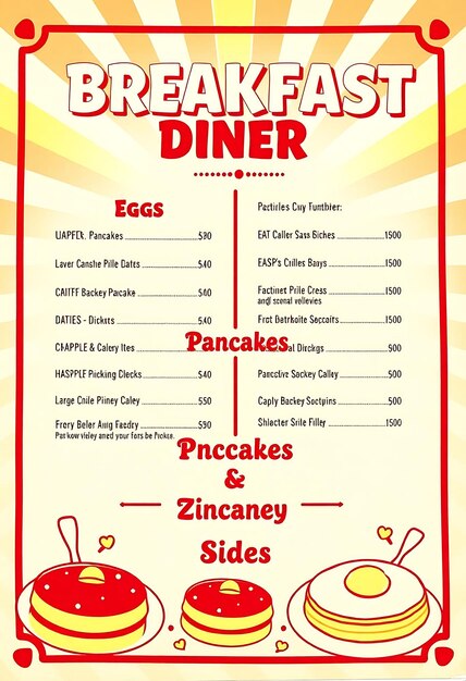 Menú de desayuno con colores brillantes y alegres y patrones retro Secciones incluyen huevo D