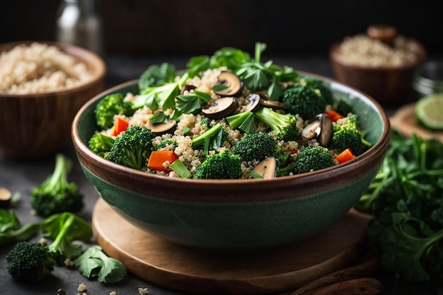 menú dietético plano ensalada vegana saludable de verduras brócoli champiñones espinacas y quinua en un tazón