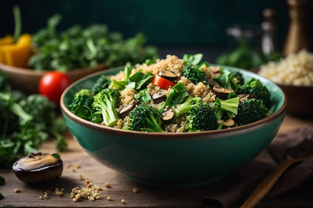 menú dietético plano ensalada vegana saludable de verduras brócoli champiñones espinacas y quinua en un tazón