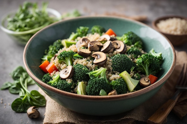 menú dietético plano ensalada vegana saludable de verduras brócoli champiñones espinacas y quinua en un tazón