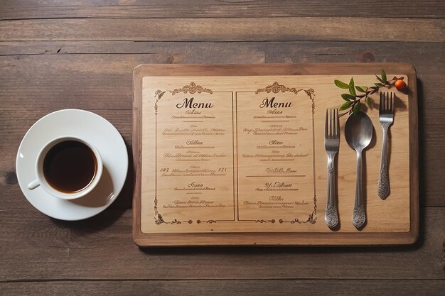 Foto menu em fundo de mesa de madeira de restaurante