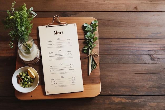 Foto menu em fundo de mesa de madeira de restaurante