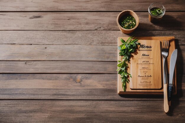 Foto menu em fundo de mesa de madeira de restaurante