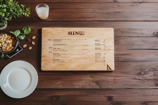 Menú en el fondo de un restaurante de mesa de madera