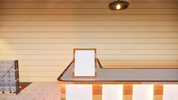 Foto menú de letrero en blanco en la mesa en la representación 3d de la cafetería