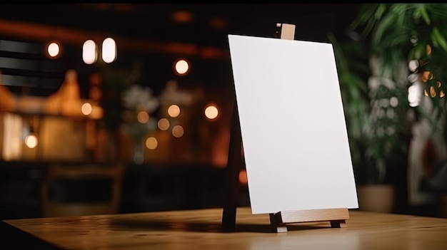Foto menú mack up en blanco para promoción de marketing de texto mock up marco de menú de pie sobre una mesa de madera en el espacio del restaurante para texto