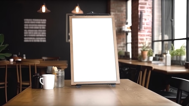 Menú mack up en blanco para promoción de marketing de texto Mock up Marco de menú de pie sobre una mesa de madera en el espacio del restaurante para texto