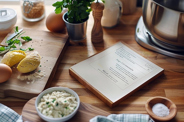 Foto un menú en una mesa con un menú para una receta llamada la comida