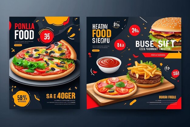 Foto menú de restaurante de comida rápida marketing en redes sociales diseño de plantilla de banner web promoción en línea de negocios de hamburguesas de pizza y alimentos saludables