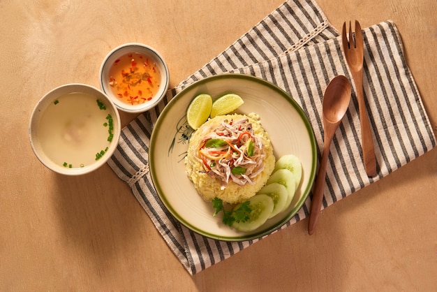 Menú de restaurante de comida vietnamita exótica de cerca.Plato tradicional asiático servido en plato blanco.Carne de pollo blanco hervido en rodajas, pepino verde y zanahoria con arroz