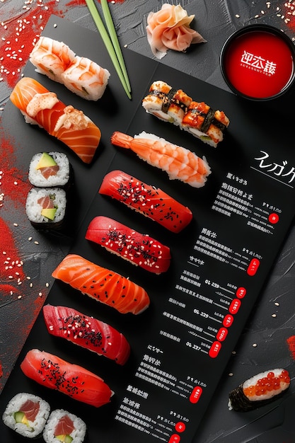 Foto un menú de un restaurante de sushi con una hermosa plantilla