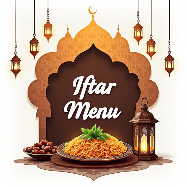 Menu tradicional de Iftar com lanternas de Ramadã e comida deliciosa