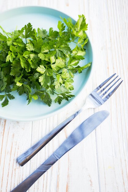 menú vegetariano y vegano un manojo de perejil en un plato dieta saludable