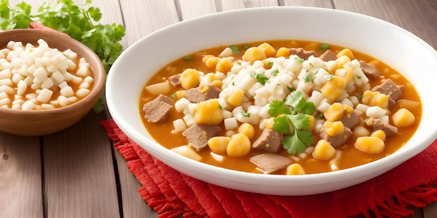 Foto menudo pancita sopa de tripa mexicana con granos de maíz secos, cebollas, orégano y chiles