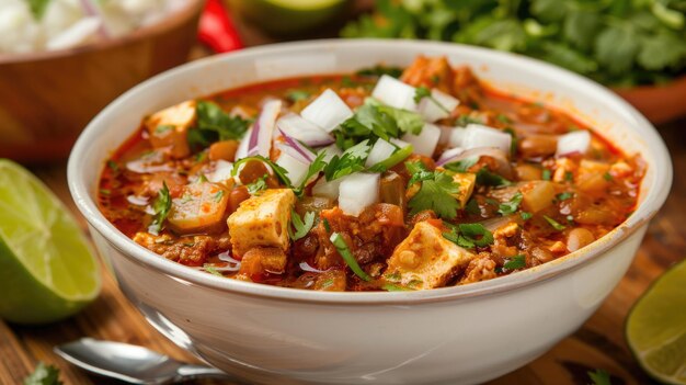 Menudo rojo mexicano en un cuenco blanco con cebolla de cilantro y limón guiso saludable y sabroso