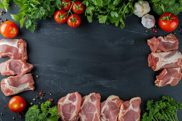 Menü-Idee Fleisch auf dem Tisch Gemüse und Kräuter um das Fleisch herum leerer Raum in der Mitte für Text oder Produkt Tafel Hintergrund