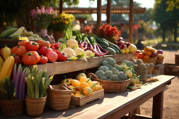 Mercado de agricultores al aire libre con productos coloridos