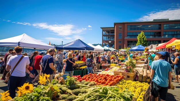 un mercado de agricultores con un edificio en el fondo y personas comprando en el mercado de agricultores