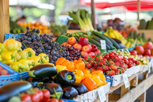 Mercado de agricultores con frutas y verduras frescas de colores en exhibición con productos orgánicos