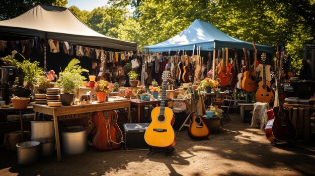 Mercado al aire libre colorido con guitarras, tambores y otros instrumentos musicales en exhibición y tocados