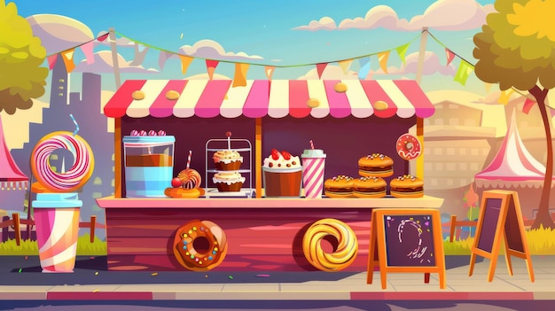 Mercado de alimentos y cafetería con rosquillas, dulces y bebidas caramelizadas Ilustración moderna de dibujos animados de un puesto de un festival al aire libre en una feria de diversión o un parque de la ciudad