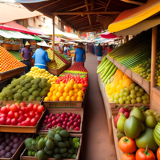 Mercado ao ar livre movimentado com frutas e legumes coloridos Viagem pela Ásia e América do Sul
