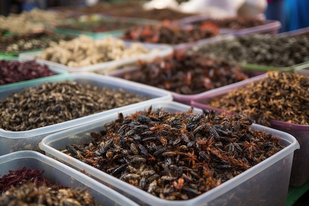Mercado asiático com insetos para venda de alimentos para insetos Generative AI