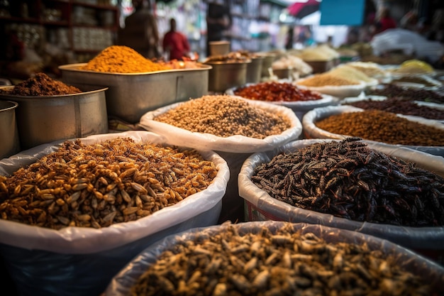 Mercado asiático com insetos para venda de alimentos para insetos Generative AI
