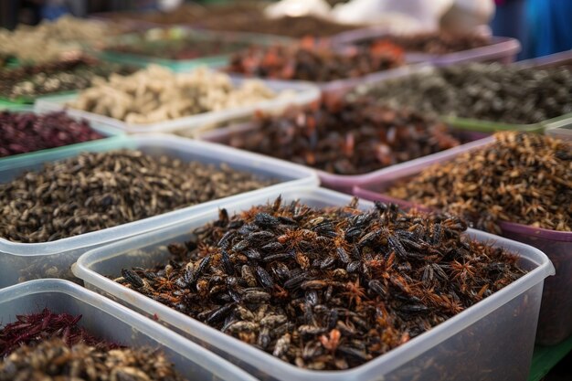 Mercado asiático con insectos a la venta alimento para insectos IA generativa