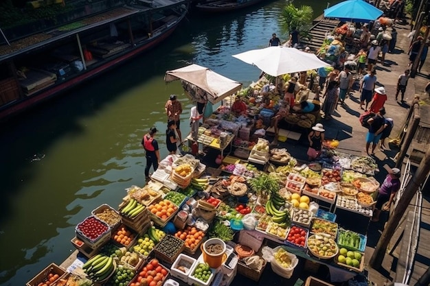 un mercado con un barco y un montón de frutas en el agua