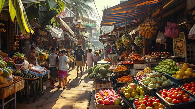 Un mercado bullicioso con una abundancia de frutas y verduras frescas El mercado está lleno de gente y hay mucha actividad