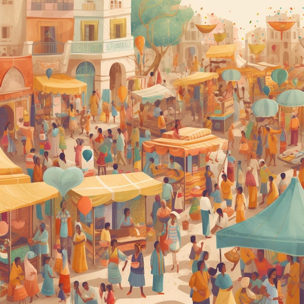 Mercado bullicioso animado o escena callejera con sentido de comunidad y conexión