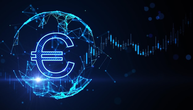 El mercado de cambio de divisas y el concepto comercial con el símbolo del euro digital brillante en la esfera se parece a la Tierra y aumenta el indicador del mercado de valores en la representación 3D de fondo oscuro