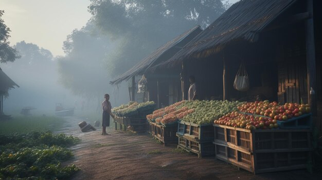 Mercado en la carretera que vende varios tipos de frutas y verduras frescas