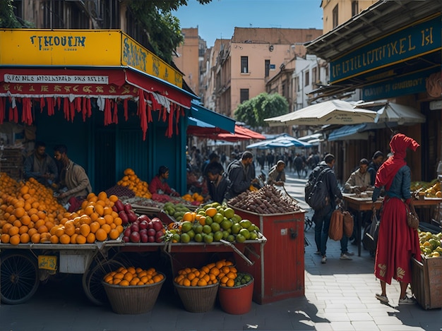 Un mercado con un cartel amarillo.