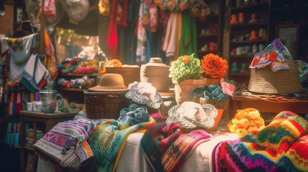 Un mercado con una colorida bufanda y sombreros en exhibición.