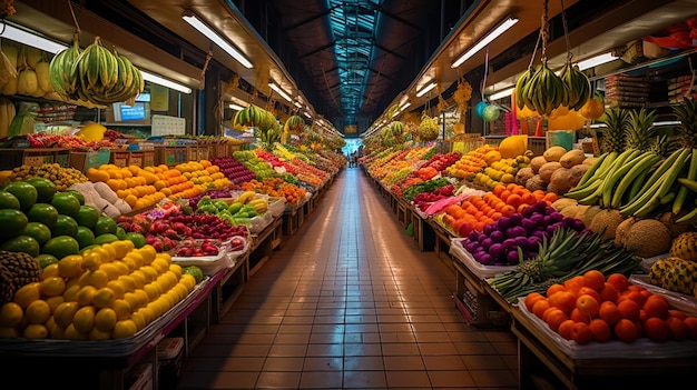 Un mercado colorido con frutas y verduras de varios colores construidas en filas brillantes