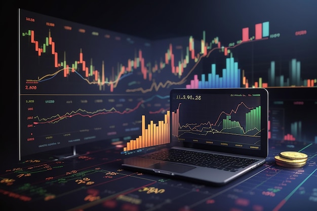 Mercado de ações e gráfico de dados financeiros marketing digital conceito visualização análise estatística financeira em fundo escuro com gráficos financeiros analisando estoque ilustração 3d