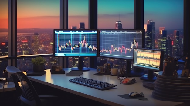 Mercado de ações e monitores de tela de negociação na mesa de IA gerativa