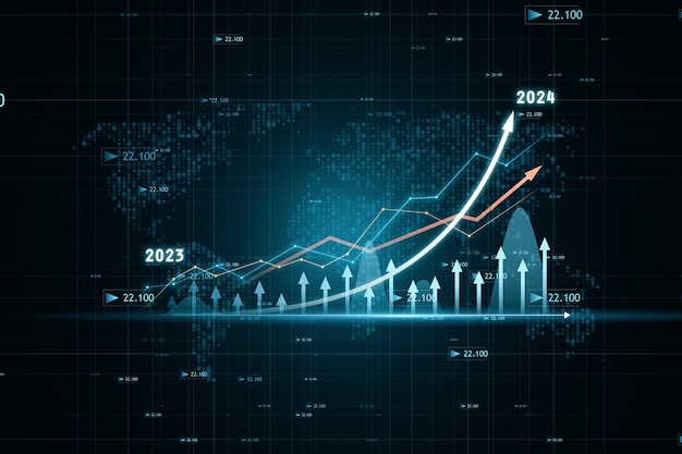 Mercado de ações global e conceito de crescimento da economia com seta ascendente digital e castiçal de gráfico financeiro e diagrama no fundo do mapa do mundo escuro com indicadores de renderização em 3D