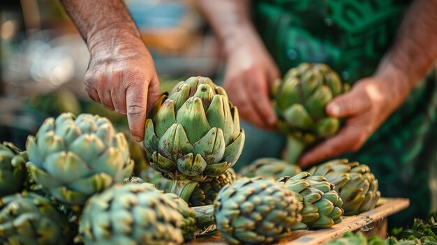 Mercado de agricultores com as mãos selecionando uma alcachofra fresca