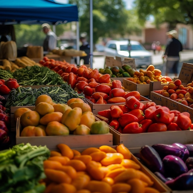 Mercado de agricultores com uma variedade de frutas, legumes e outros produtos frescos orgânicos