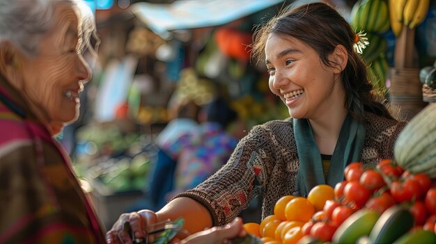 Foto mercado de alimentos na rua com vegetais e duas mulheres comprando e vendendo