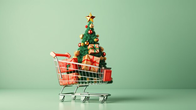 Foto mercado de carrinhos de compras com árvore de natal decorada