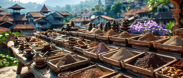 Mercado de especiarias colorido exibe aromas e sabores exóticos em um bazar oriental Variedade de ervas e especiarias para cozinhar Experiência de viagem cultural e culinária