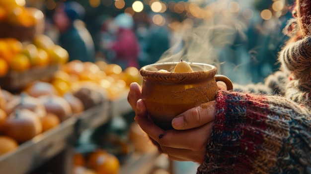 Mercado de férias festivo com as mãos segurando um copo fumegante de vinho quente