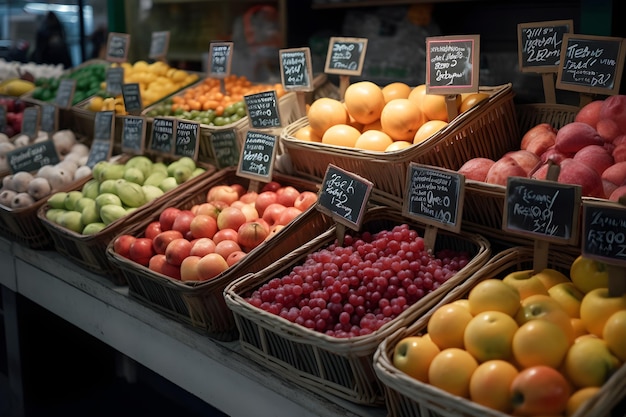 Mercado de frutas com várias frutas e vegetais frescos coloridos gerados por IA